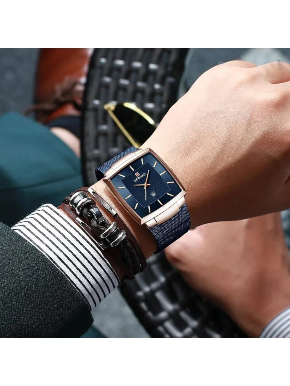 Men's Blue Gold Square Analog Quartz Stainless Steel Mesh Strap Wrist Watch